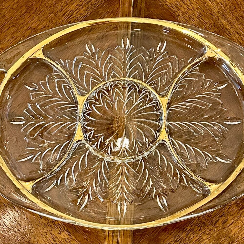 vintage Jeannette Glass Co Feather Pattern 22k Gold Trim cut crystal